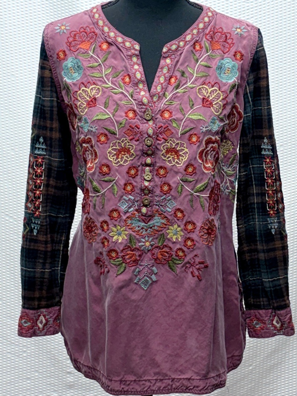 John Mark Embroidered Tunic Blouse Women’s M Boho Mixed Media Cupro Viscose Cott